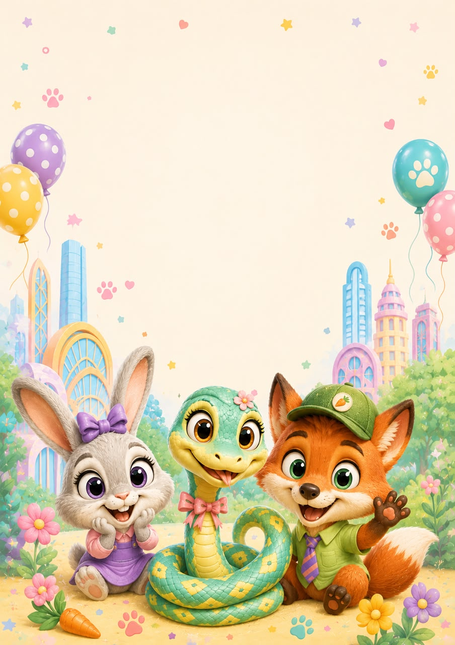 Three cheerful animal friends with balloons in a colourful city garden